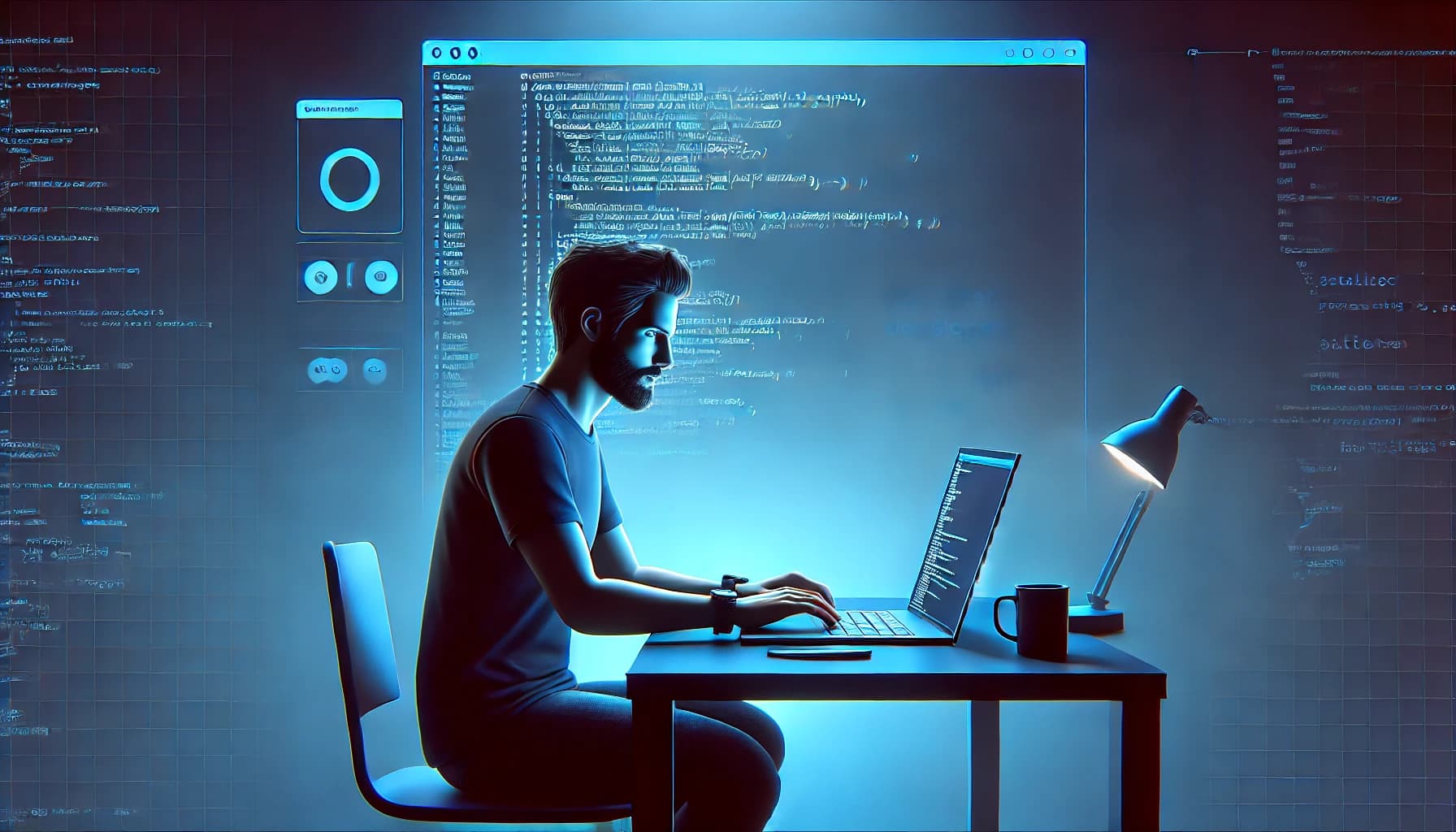 person coding in a blue background